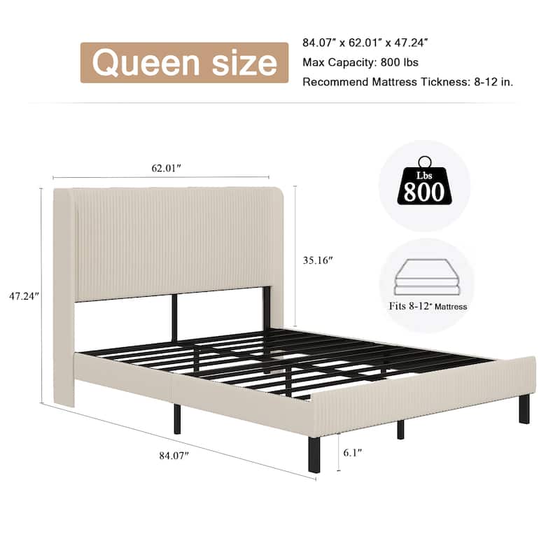 Upholstered Platform Bed Metal Bed Frame with High Headboard, 2 Charging Ports and LED Lights, Noise-Free Metal Slats, Beige