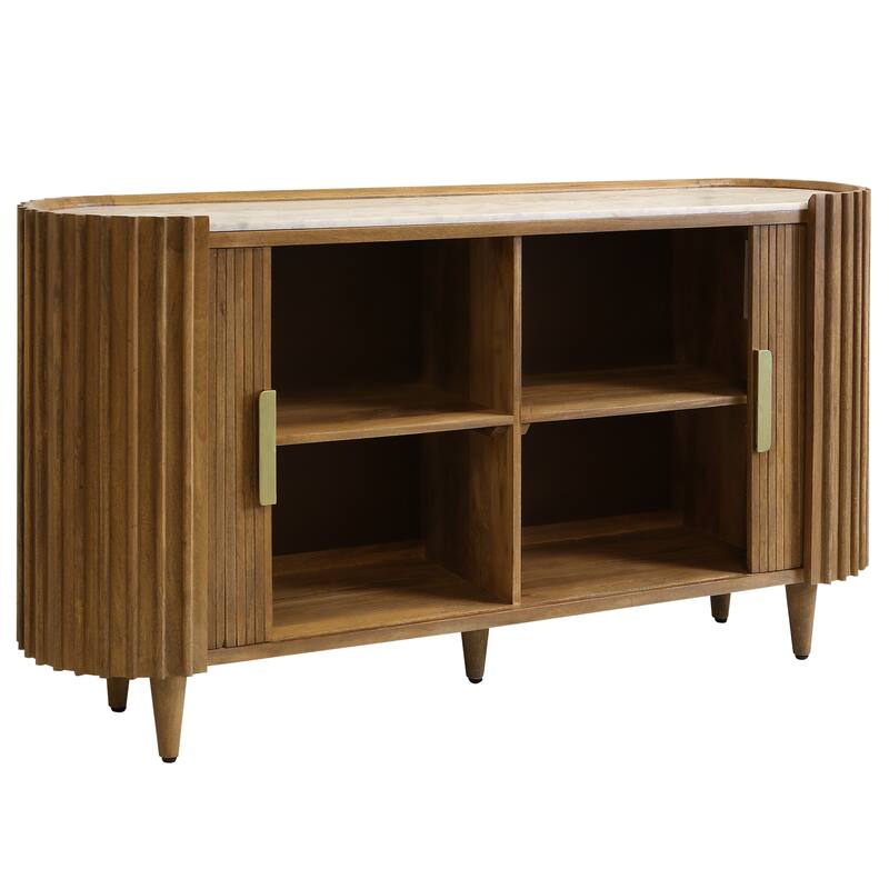 StyleCraft Riviera Sideboard with Tambour Doors - Brown with White Marble Top