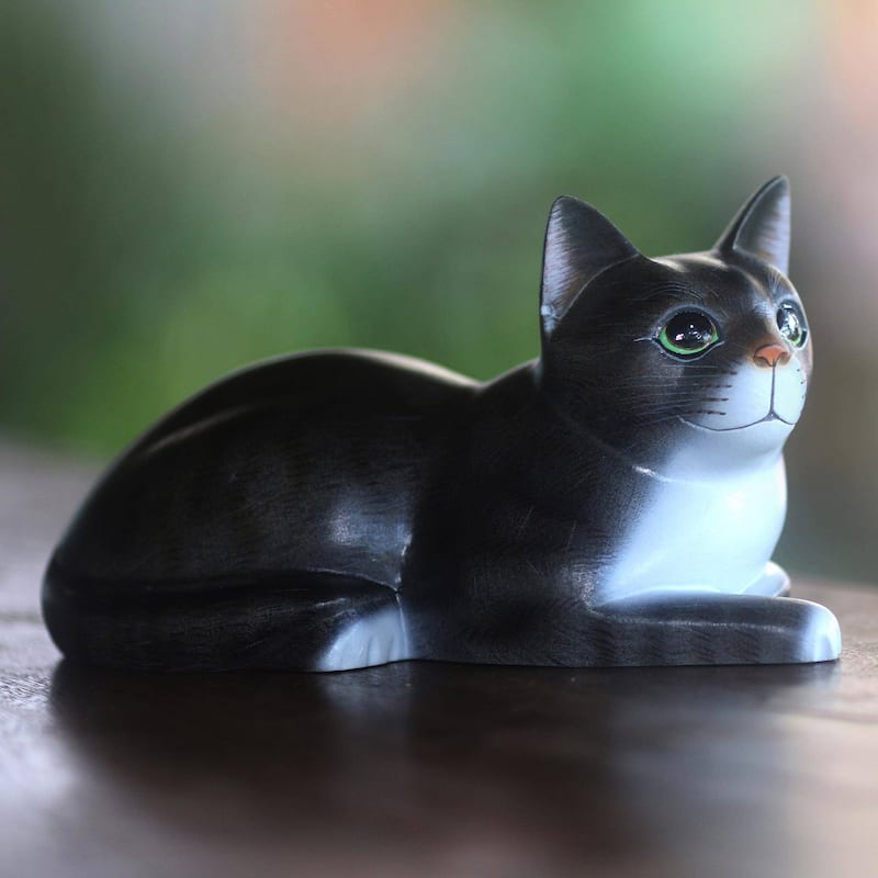 Novica Handmade Lying Cat In Grey Wood Sculpture