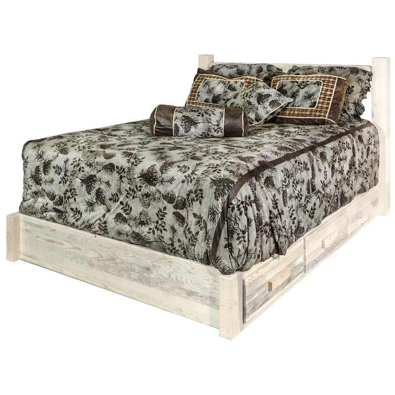 King Platform Bed with Storage - 6 Drawers, Solid Pine Wood, Clear Lacquer Finish