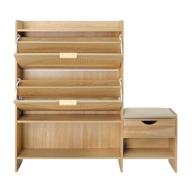 47.2" Shoe Storage Cabinet Rattan Shoe Storage Organizer With 2 Flip Drawers, a Storage Drawer and a Bench For Entryway,