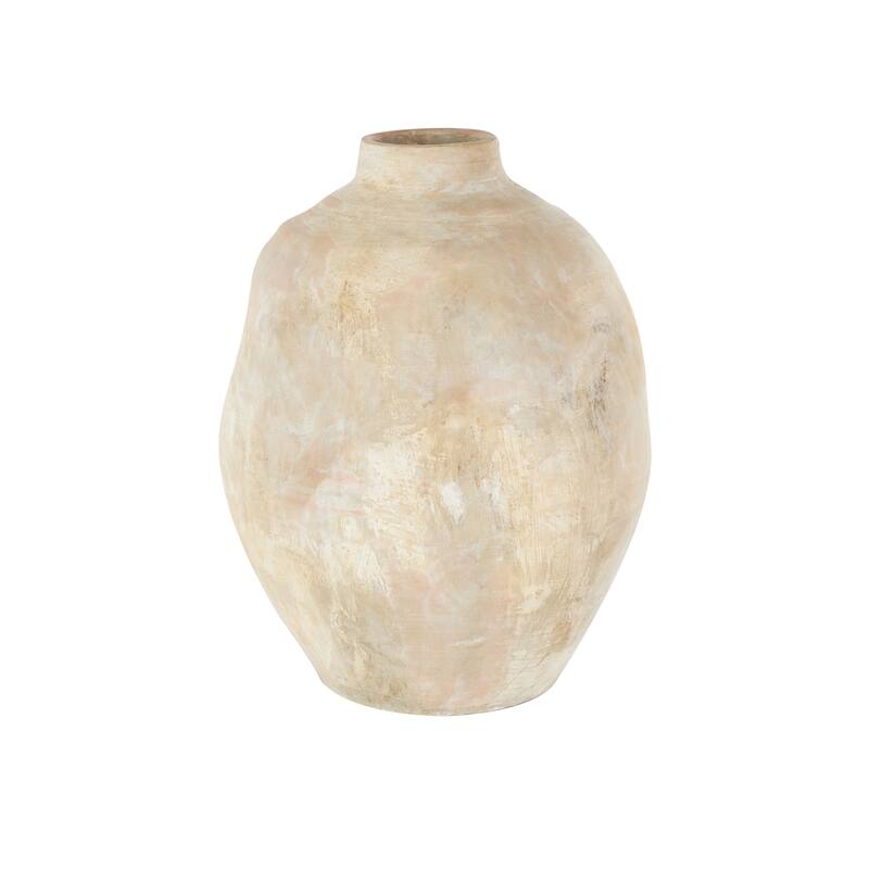 Beige Ceramic Antique Wide Decorative Vase with Shades of Pink