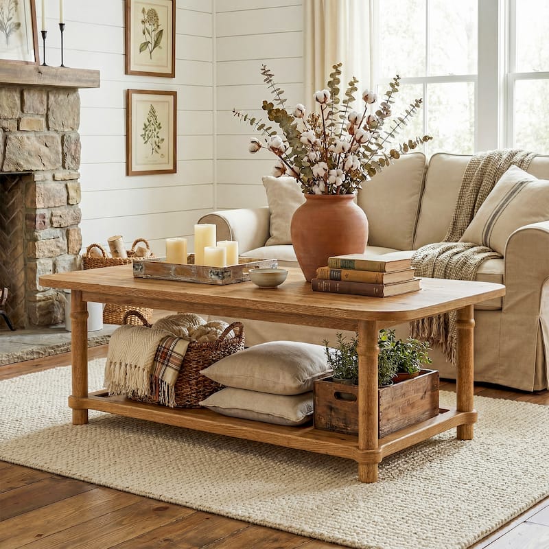 47" Rectangle Coffee Table with Storage Shlef, Solid Wood, Turned Leg