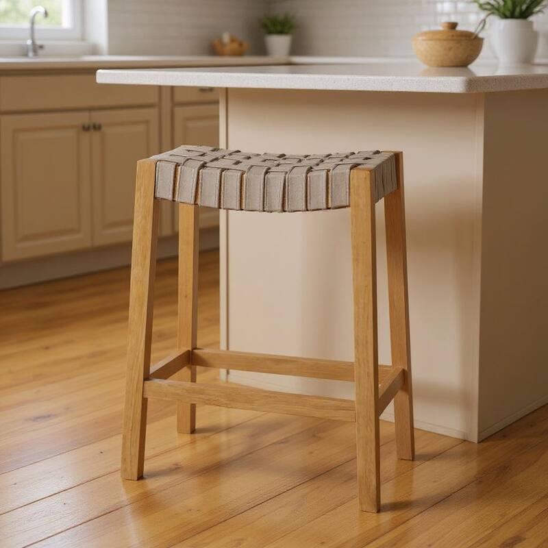 HomeRoots 26" Stone and Natural Faux Leather and Solid Wood Backless Counter Height Bar Chair - Counter Height - Stone - Single
