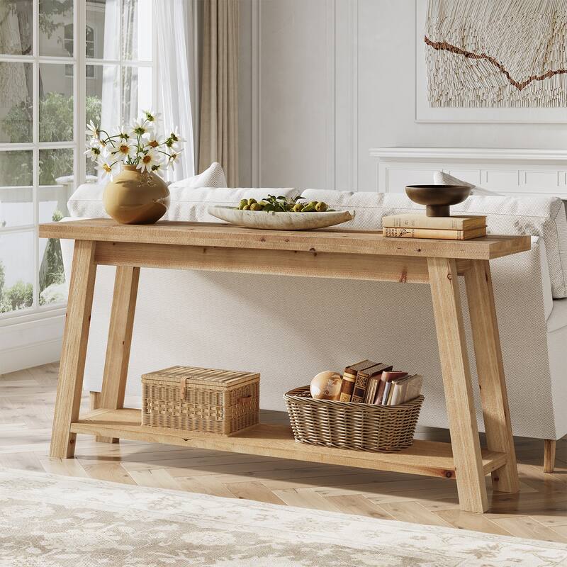 70.8'' Long Solid Wood Entryway Console Table with Shelf, 1.97'' Thick One-Piece Solid Wood Tabletop