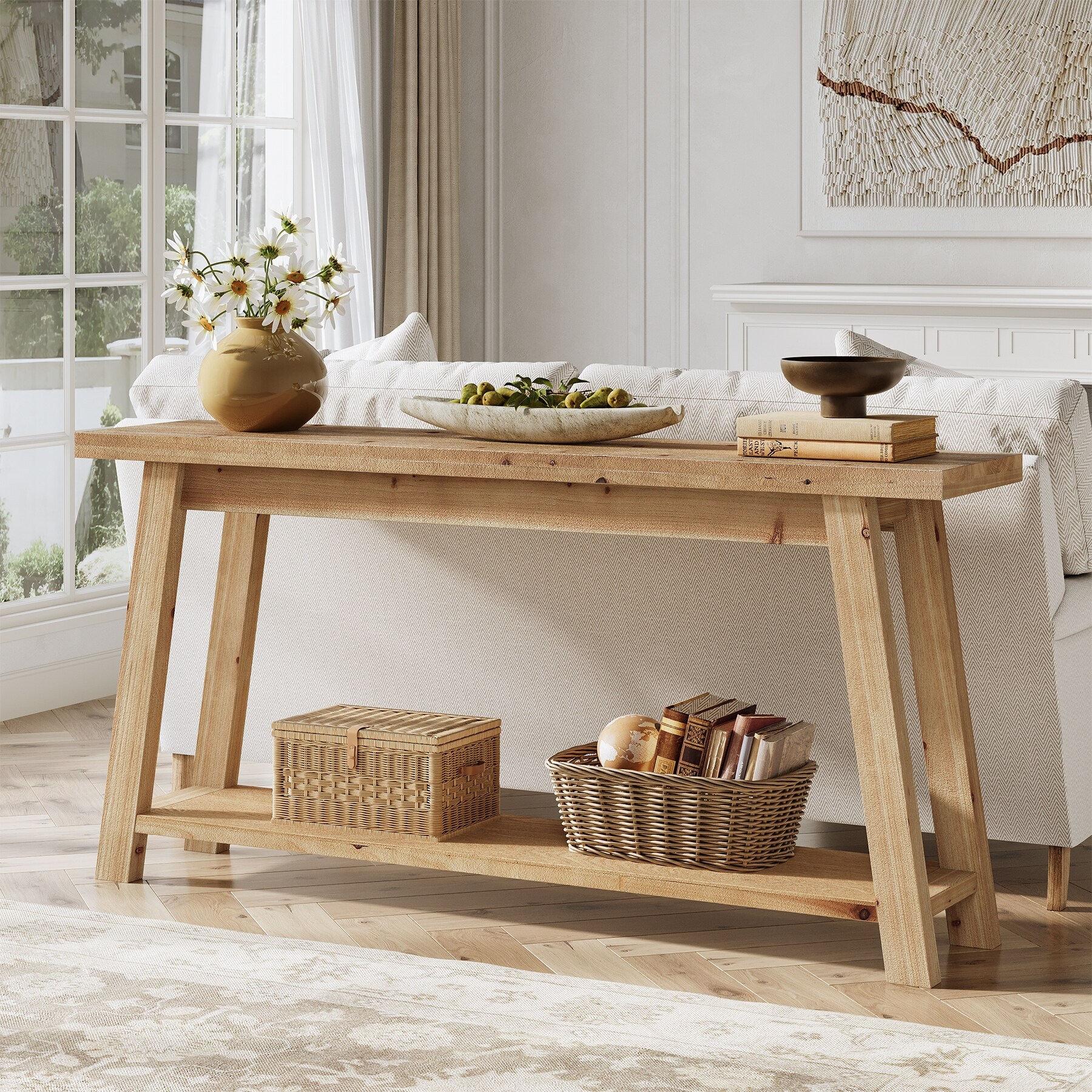 70.87 Inch All Solid Wood Console Table with Shelf, 1.97'' Thick
