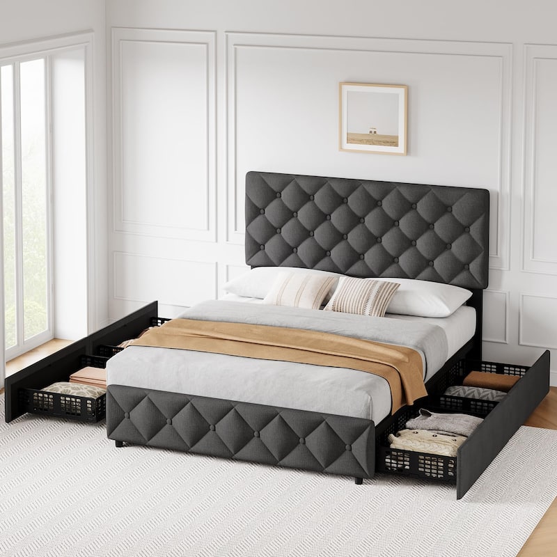 Full Size Bed Frame with 4 Storage Drawers and Headboard, Linen Upholstered Platform Bed Frame