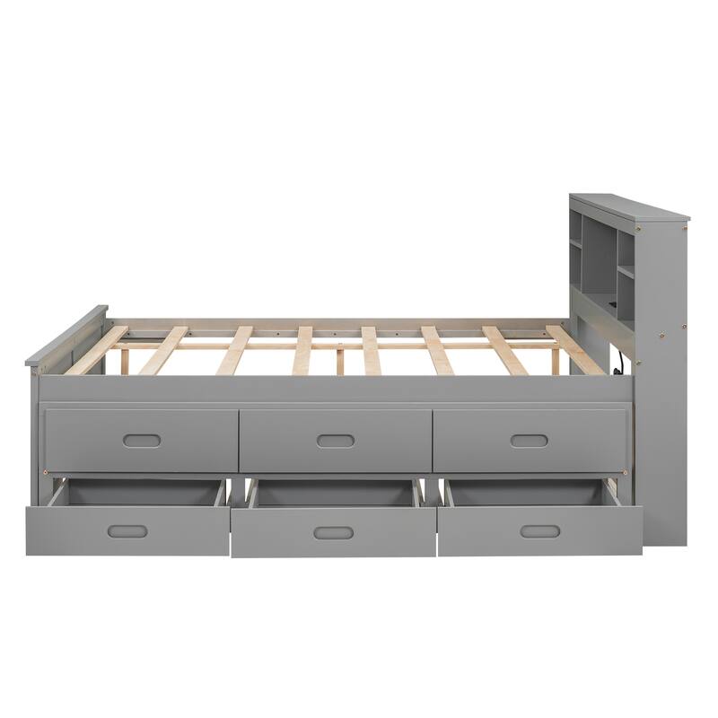 Full Platform Bed with Storage Headboard, USB Charging Port, Twin Trundle, and 3 Drawers - Space-Saving Design