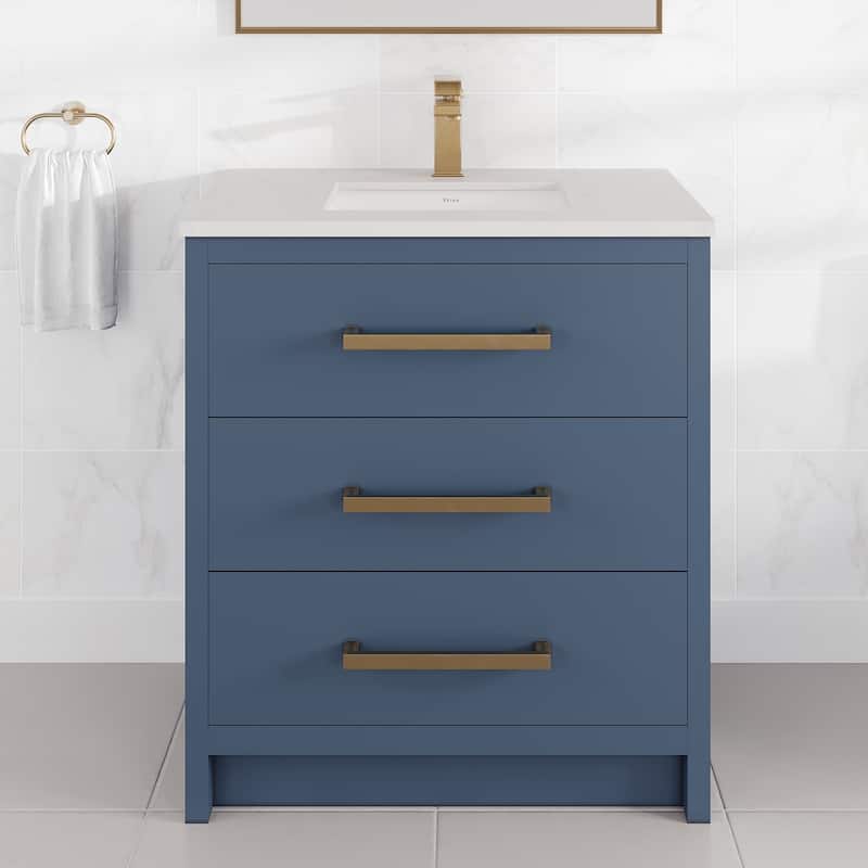 Eviva Curio Bath Vanity with WH Carrara Quartz Top and Undermount Sink - 30" - Dark Blue