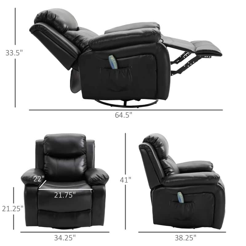 Adjustable Black Faux Leather Remote Massage Recliner Chair w/ Footrest - 34.25"W x 38.25"D x 41"H