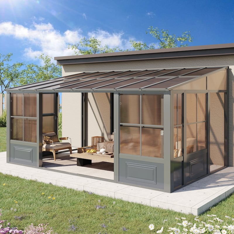 Outdoor Solarium Sunroom,Patio Hardtop Gazebo,All-Season Aluminum Patio Gazebo with with Sliding Doors and Screens - 10'x16' - Grey-Single Roof
