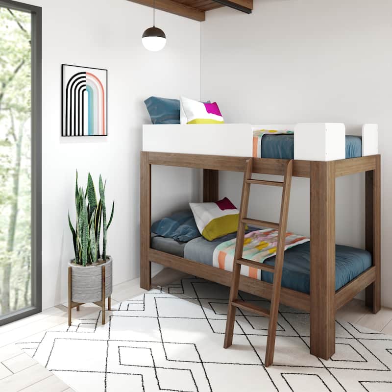 Max and Lily Mid-Century Modern Twin over Twin Bunk Bed - White/Walnut