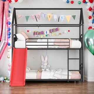 Twin Over Twin Metal Bunk Bed With Slide,Kids House Bed