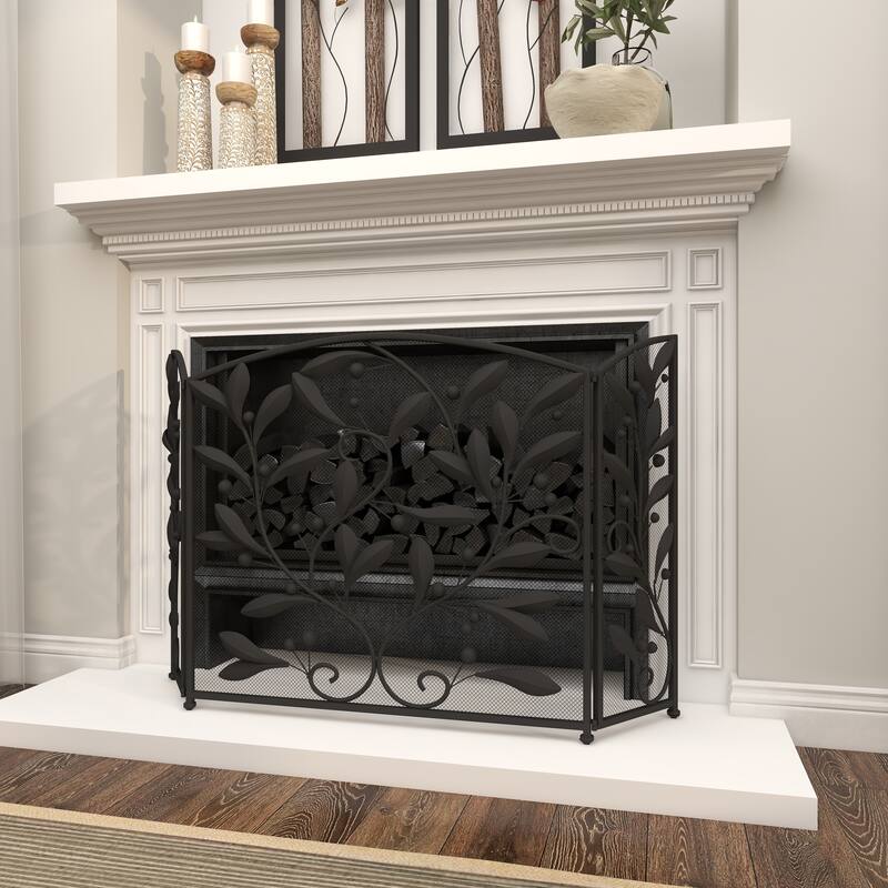 Black Metal Foldable 3 Panel Scroll Fireplace Screen with Leaf and Vine Relief