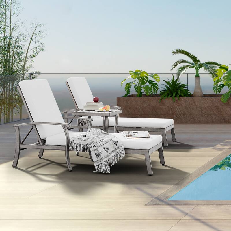 2-Piece Aluminum Patio Chaise Lounge with Side Table and Gray Cushions