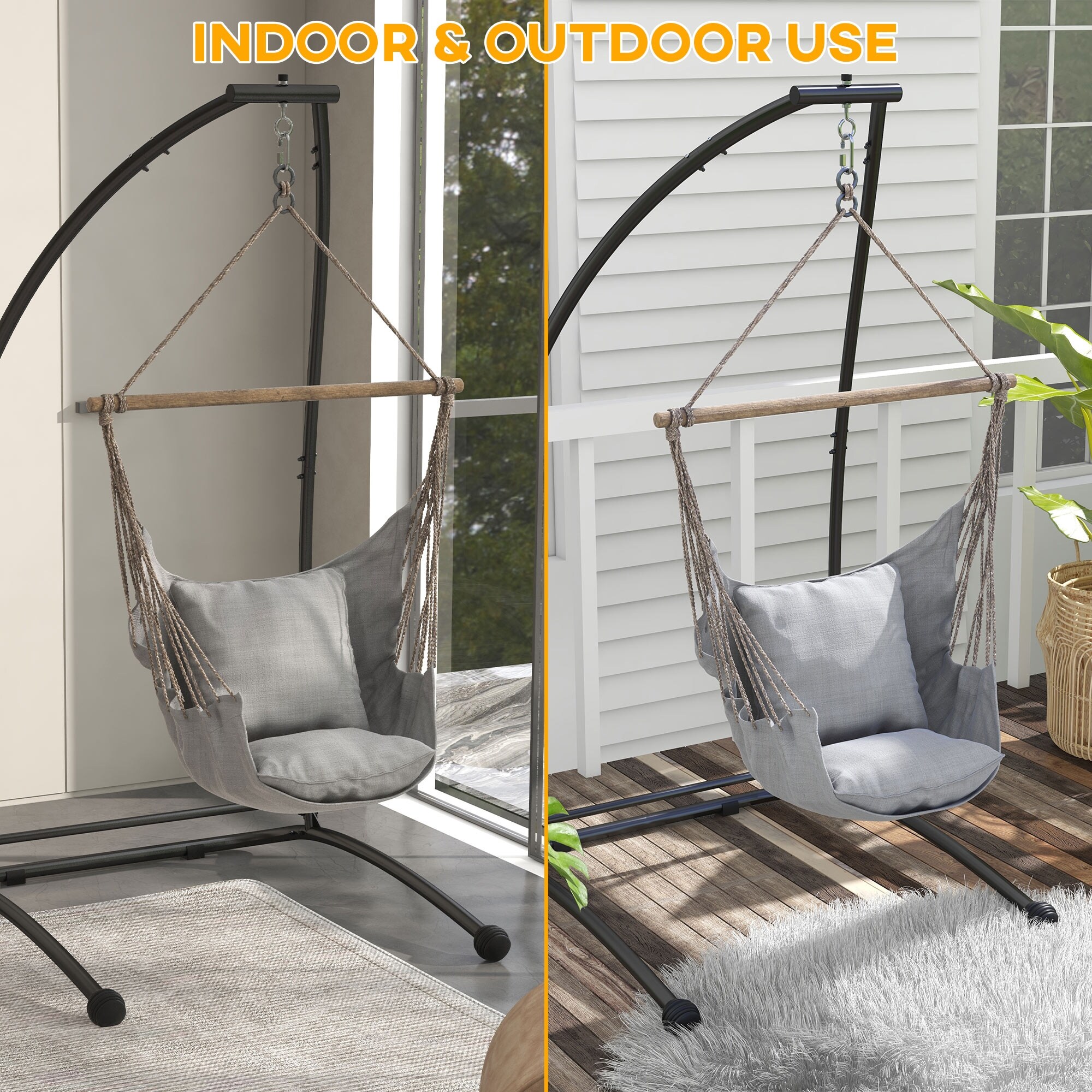 Outsunny Hammock Chair Stand C Shape Hanging Heavy Duty Metal Frame Hammock Stand for Hanging Hammock Air Porch Swing Chair Black