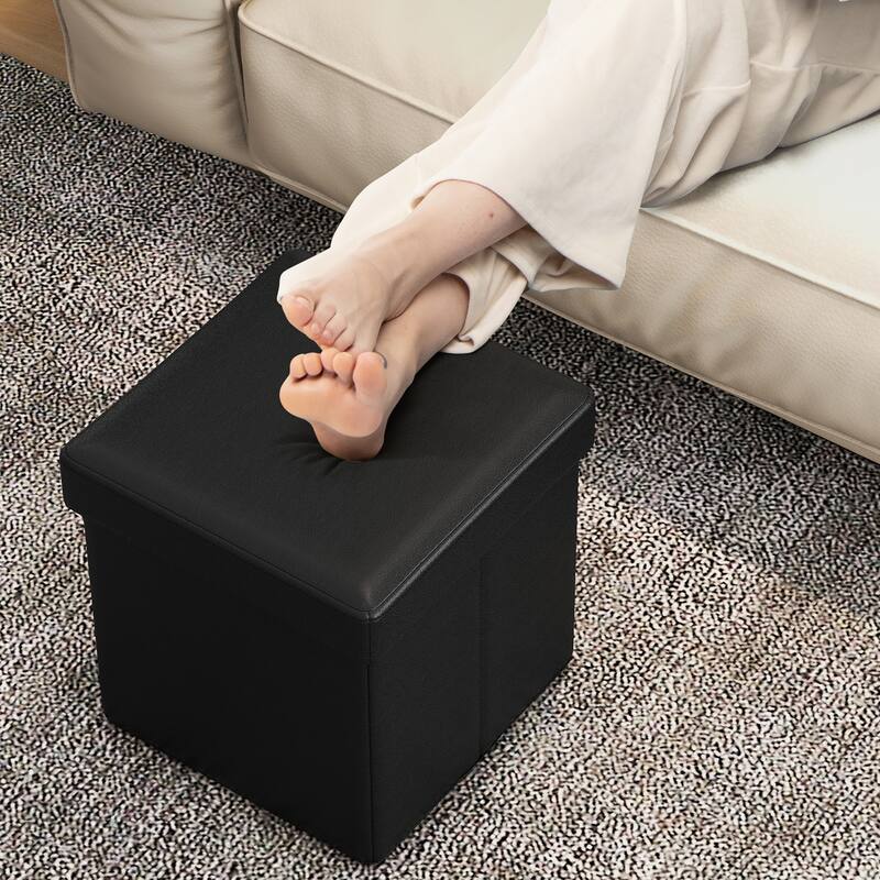 Gymax Folding Storage Ottoman Upholstered Square Footstool PVC Leather