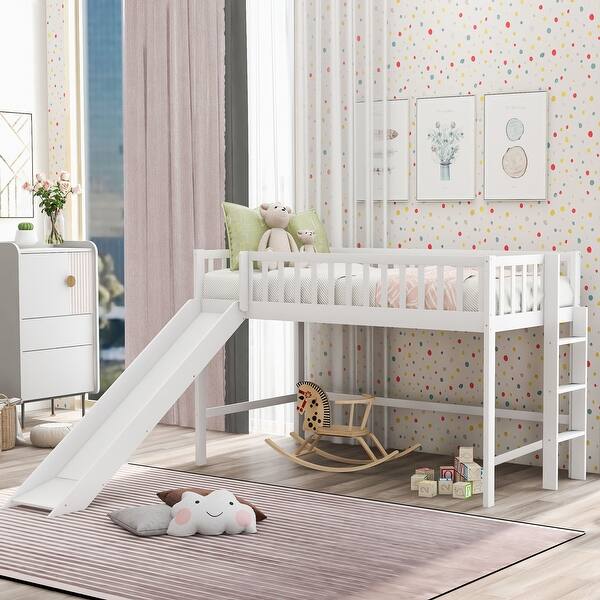 White Twin Low Loft Bed with Removable Slide and Space-Saving Ladder ...