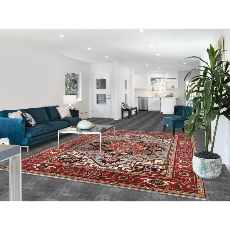 Light Blue Geometric Heriz Serapi Indian Area Rug Handmade Wool Carpet - 7'11"x 10'5"
