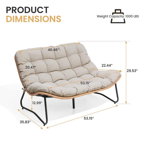 dimension image slide 1 of 10, Double Papasan Chair Loveseat with Cushion, All-weather PE Rattan 2-Person Wicker Patio Chair for Indoor Outdoor