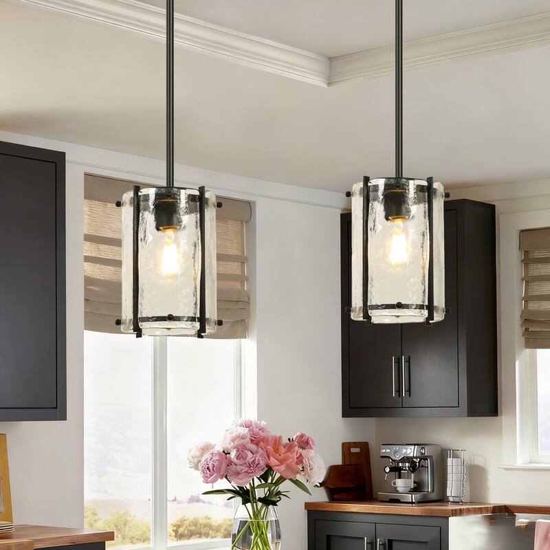 Modern Black 1-Light Pendant Light with Handmade Glass for Kitchen Island - Dia. 6.7" x H 9.1"