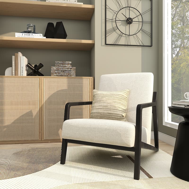 Polyester Mid Century Modern Boucle Accent Chair with Black Wood Frame - Cream - Roche River Decor