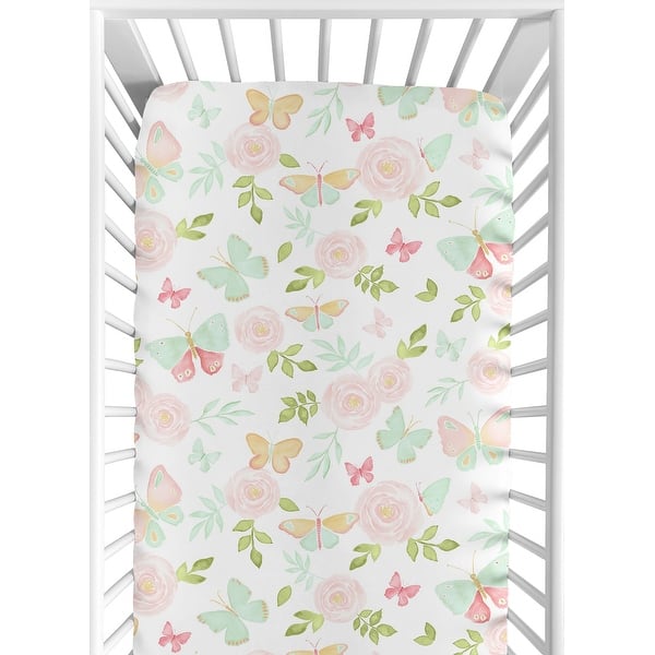 slide 2 of 6, Sweet Jojo Designs Blush Pink, Mint and White Watercolor Rose Butterfly Floral Collection Fitted Crib Sheet