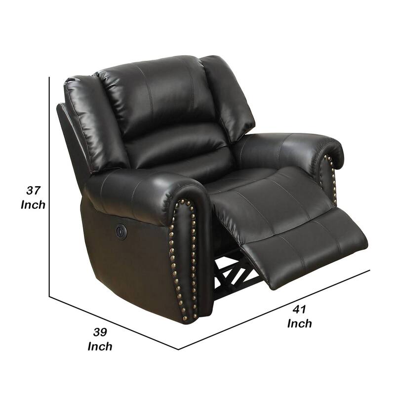 Nailhead Trim Leatherette Power Recliner, Black