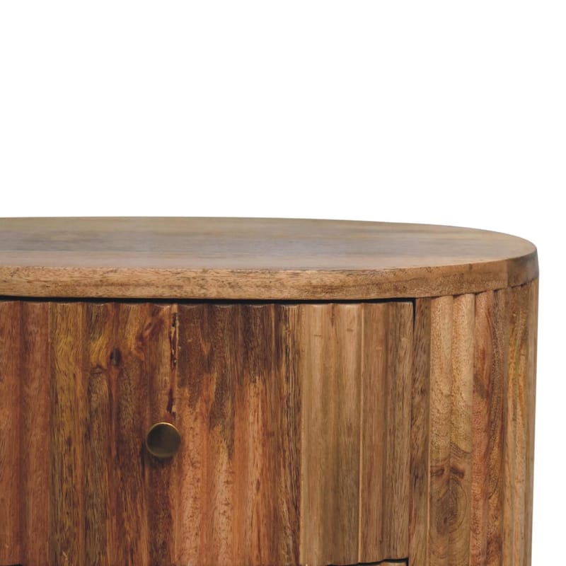 HomeRoots 23" Natural Solid Wood Ribbed Texture Round Three Drawer Nightstand