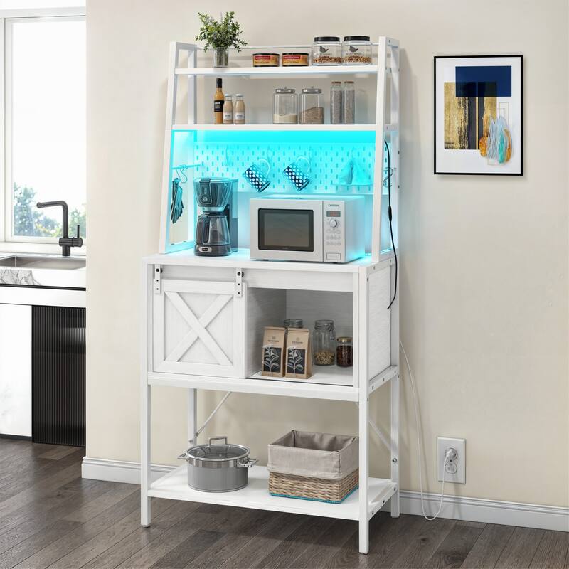 65" Tall Bakers Rack with Sliding Storage Drawer Barn Door & Shelf