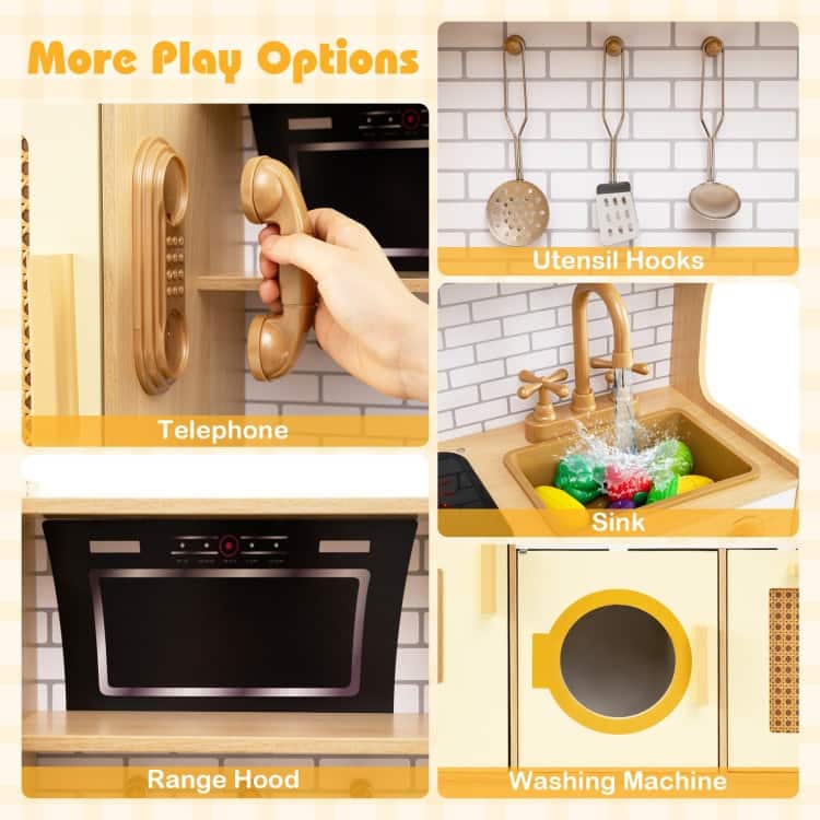 MDF Rattan Kids Play Kitchen with Lights, Sounds and Accessories - 33" × 10" × 31.5"