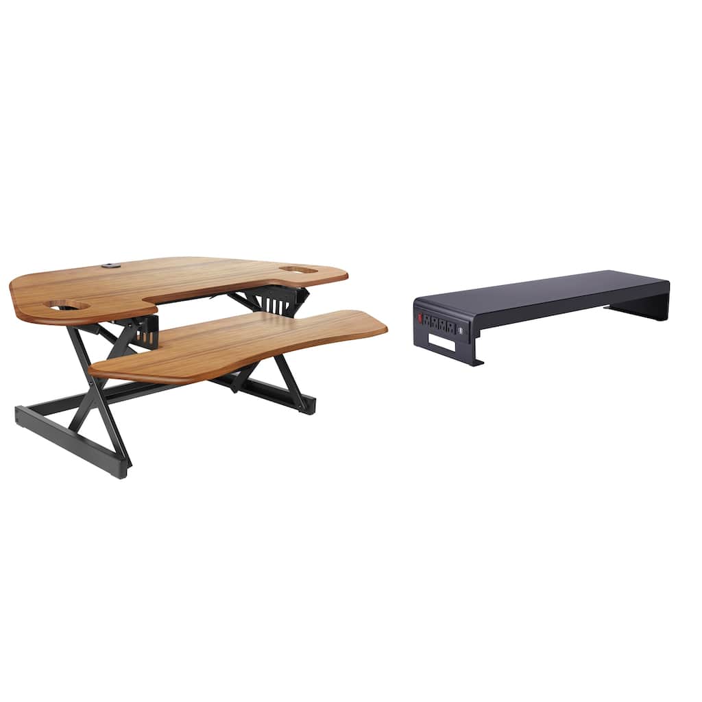 Rocelco 46 in. W Beige Height Adjustable Corner Standing Desk Converter with Dual Monitor Stand and Extra Keyboard Tray