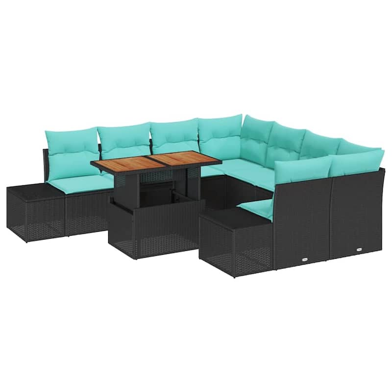 vidaXL 9 Garden Sofa Set with Cushions Black/Grey Poly Rattan - 103.9 x 92.1 x 27.2