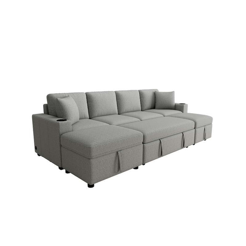 109.1" Chenille Modular Sectional Sofa Bed with Storage Ottoman and USB Ports - L/U-Shaped Convertible Design