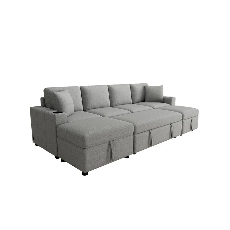 Convertible Sectional Sofa with Pull-out Sofa Bed and Dual Cup Holders