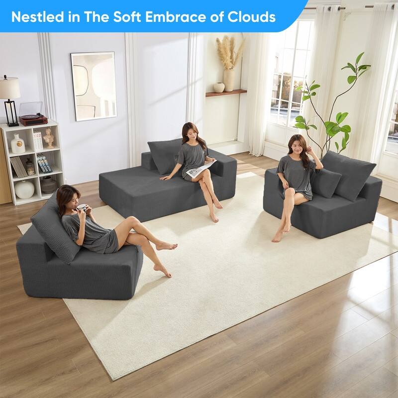 Mixoy W108"Corduroy Fabric Sectional Couch,3-Pieces Free-Combined Cloud Modular Modern L-Shaped Sofa with Chaise Lounge