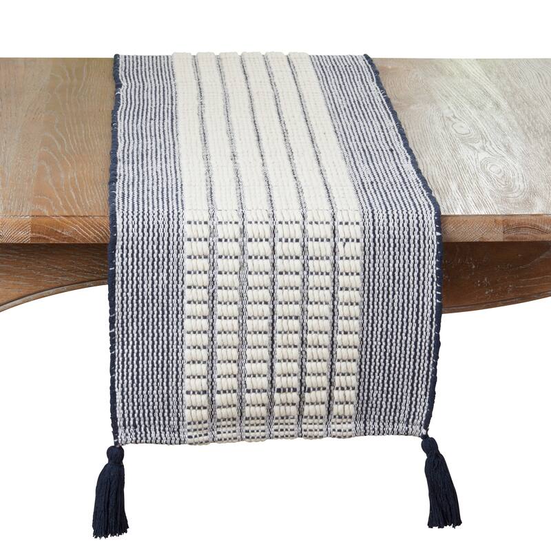Woven Cotton & Wool Table Runner with Tassels - Textured Non-Reversible Decorative Table Runner for Dining Table, 16"x72" - 16"x72" - Navy Blue