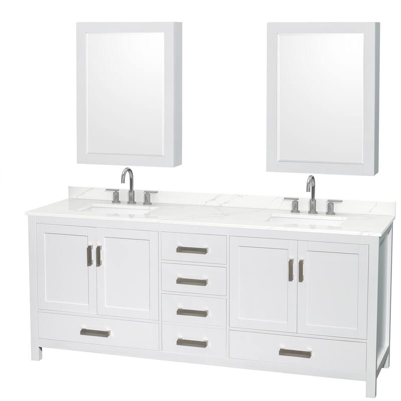 Sheffield 80-inch Double Vanity, 3 Hole Quartz Top, Med Cabinets - White, Chrome Trim, Giotto Quartz Top