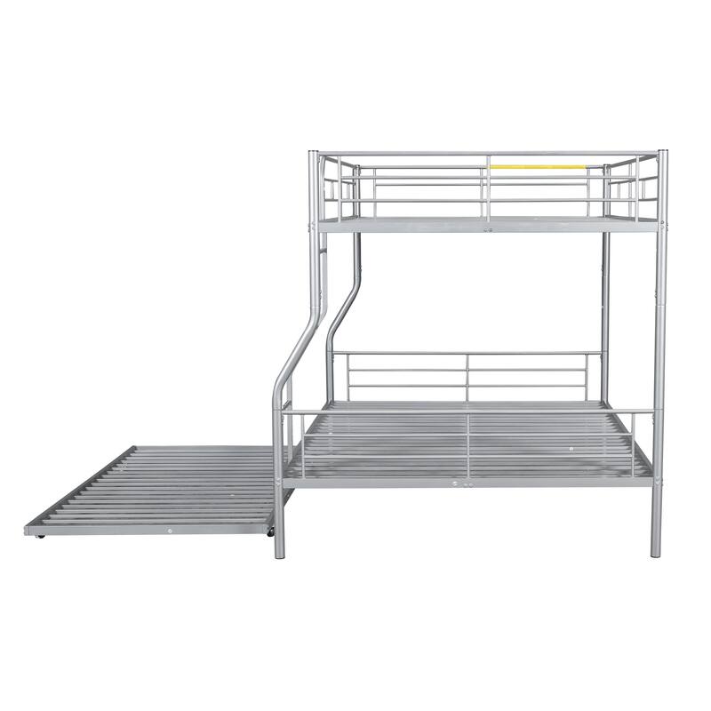 Full XL Over Queen Metal Bunk Bed with Trundle and Guardrail, Convertible to Two Beds