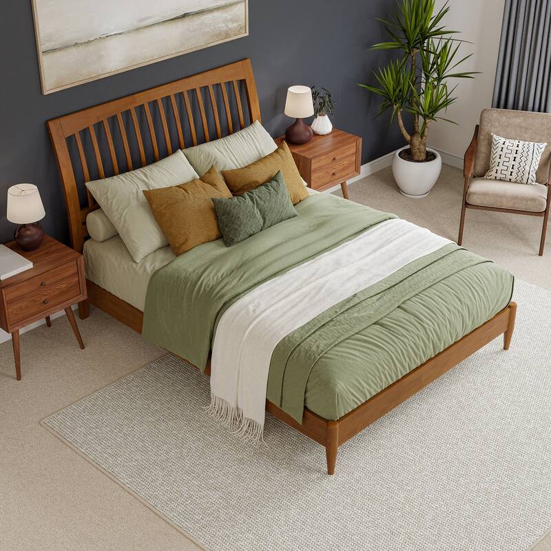 Modern Platform Bed - Solid Wood Sleigh Bed Frame - Low Profile Design - Light Toffee Finish