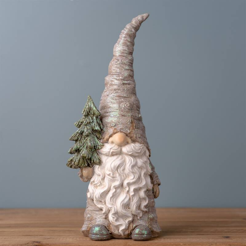 2 Gnome Holding Pine Tree Trunk Christmas Tabletop Figurines 13.5"