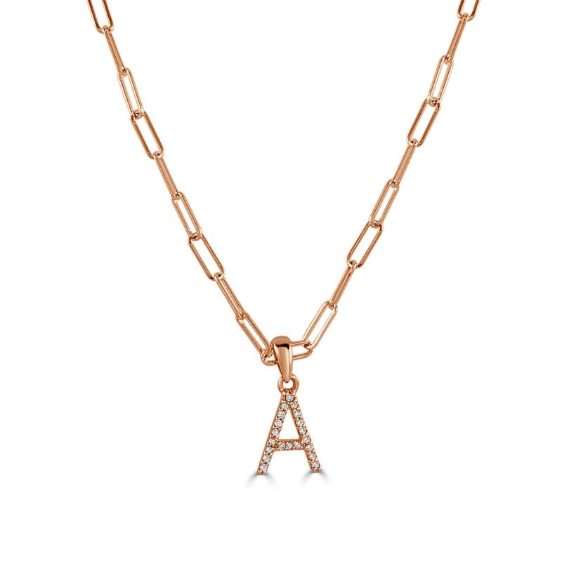 Joelle Collection Diamond Initial Letter Necklace Paperclip 14K Gold 16-inch Chain 1/10 TDW Necklace - A - Rose