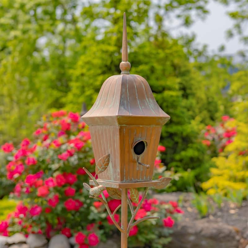 65.5" Tall Iron Birdhouse Stake "Riga" - 8.75" L x 7.75" W x 65.5" H - Brown