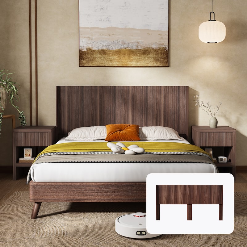 King Size Wall Mounted Wood Headboard with Fluted Panel and Wingback Design - Walnut Finish - Walnut Brown