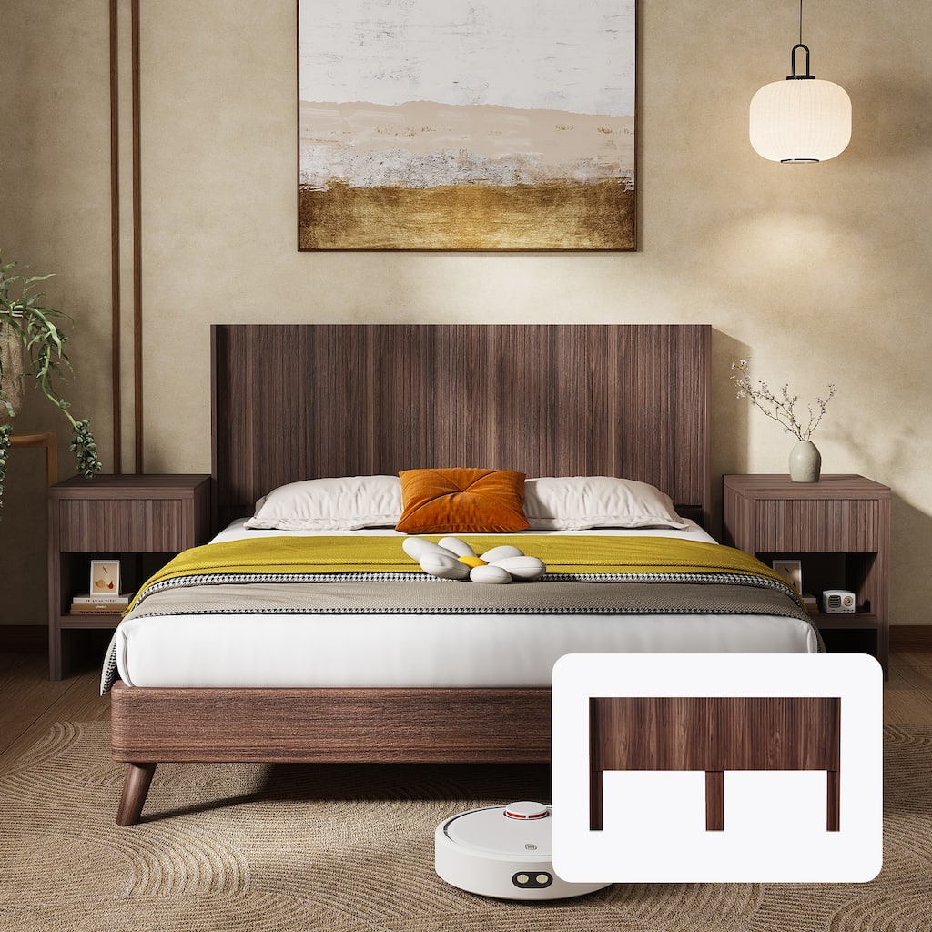 King Size Wall Mounted Wood Headboard with Fluted Panel and Wingback Design - Walnut Finish