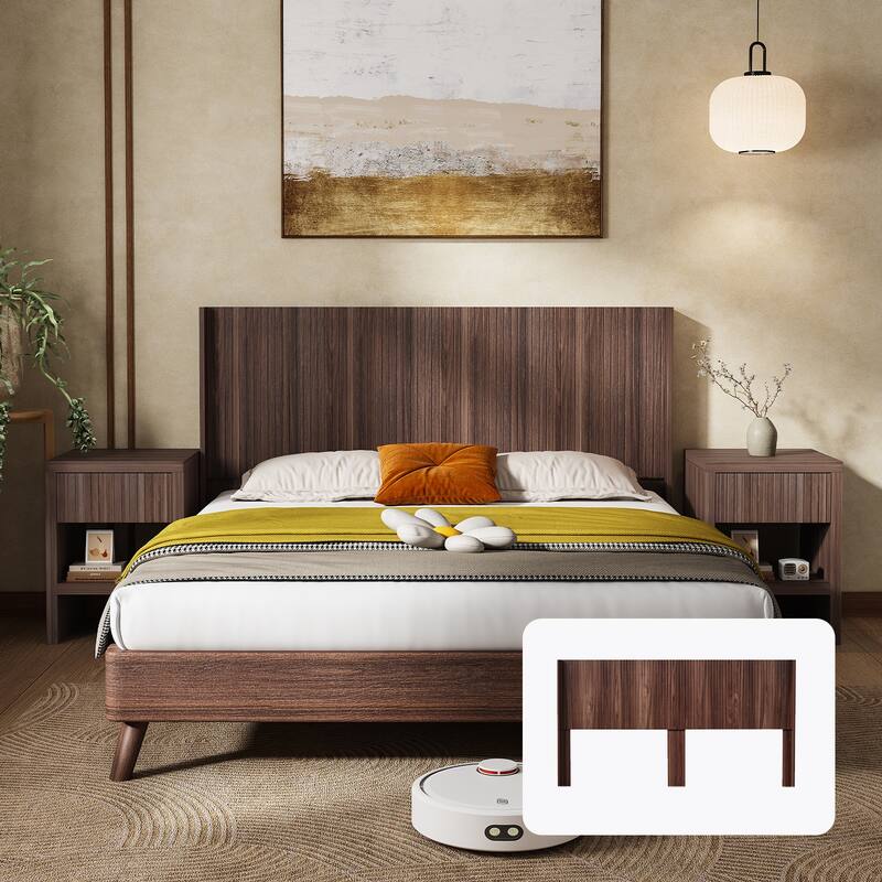 Modern Farmhouse Wood Headboard King Size 80.2 in Wide Wall Mounted Fluted Panel Wingback - Walnut Brown