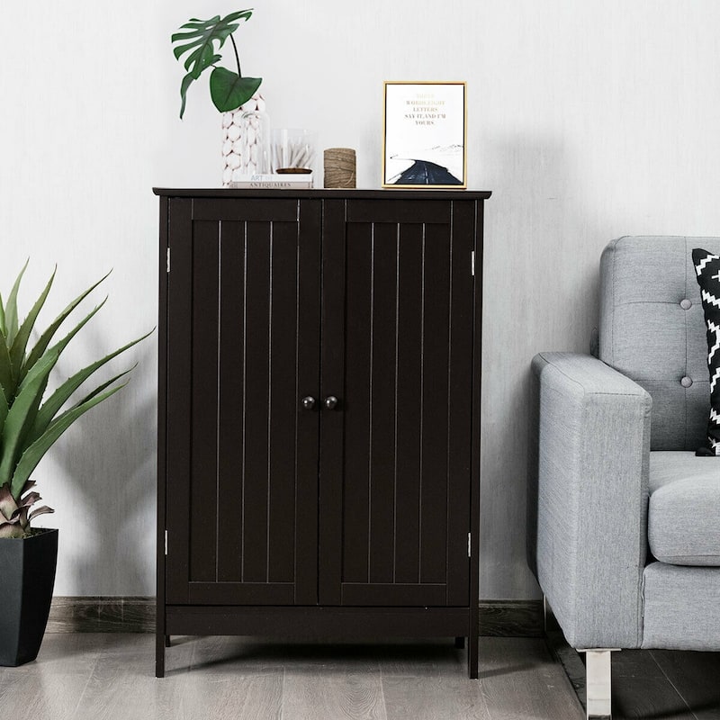 Gymax Bathroom Floor Storage Cabinet Double Door Kitchen Cupboard Shoe