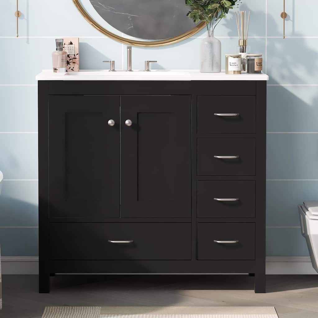 36 inch Solid Wood and MDF Freestanding Bathroom Vanity Set with Ceramic Sink 5 Drawers and Soft-Close