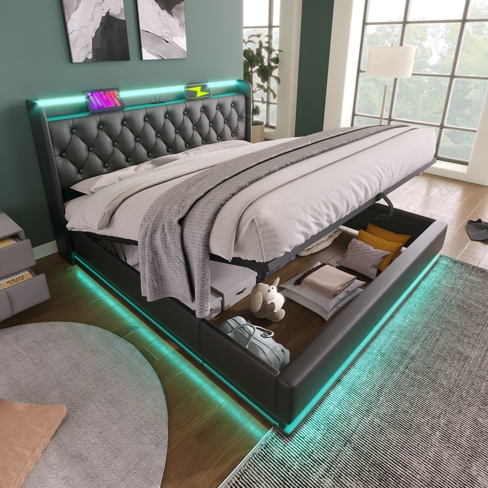 Multi Size Upholstered Platform Bed with Surround LED, USB/Type-C and Hydraulic Storage, Low Profile Bed Optional PU or Linen