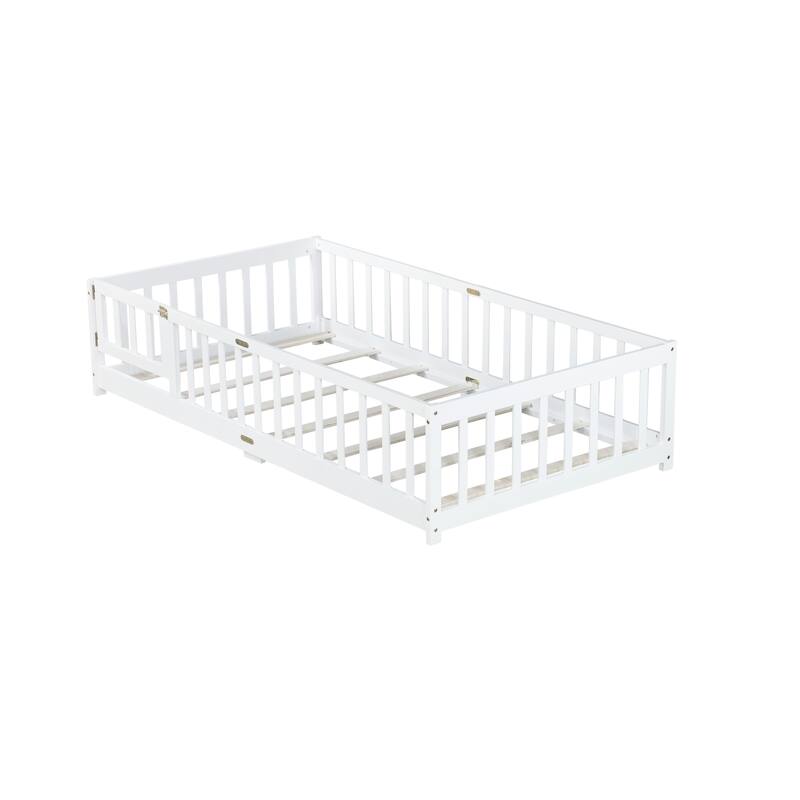 Floor Bed with Fence,Door and Safety Guardrails,Perfect for Kids' Play,Sleep and Development